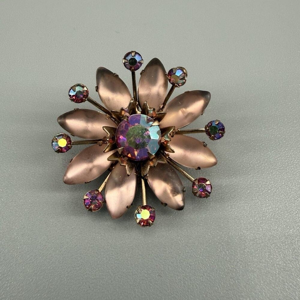 Vintage Pink Satin Glass Flower Brooch AB Rhinestones Petals Gold Tone Floral